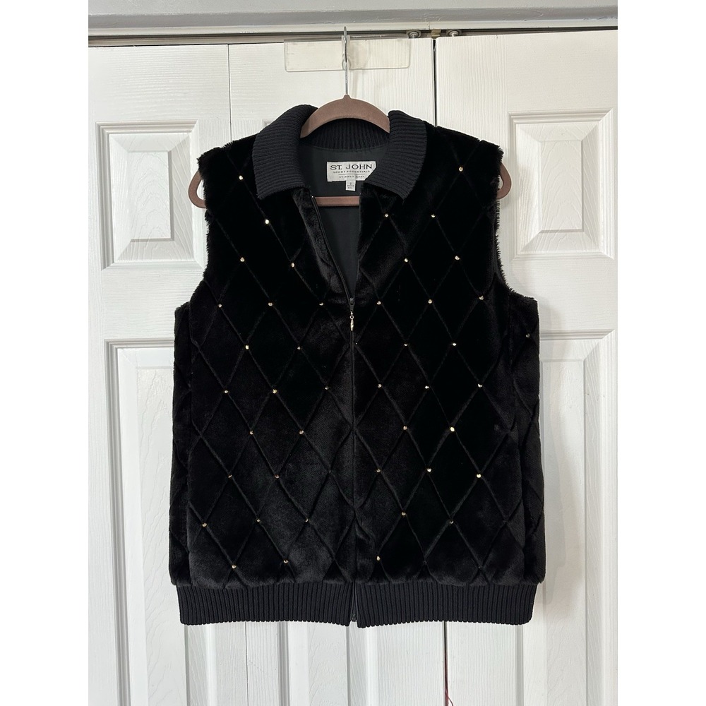 St. John Sport Essentials Black Faux Fur Vest S Women Gold Studs Zip Coat